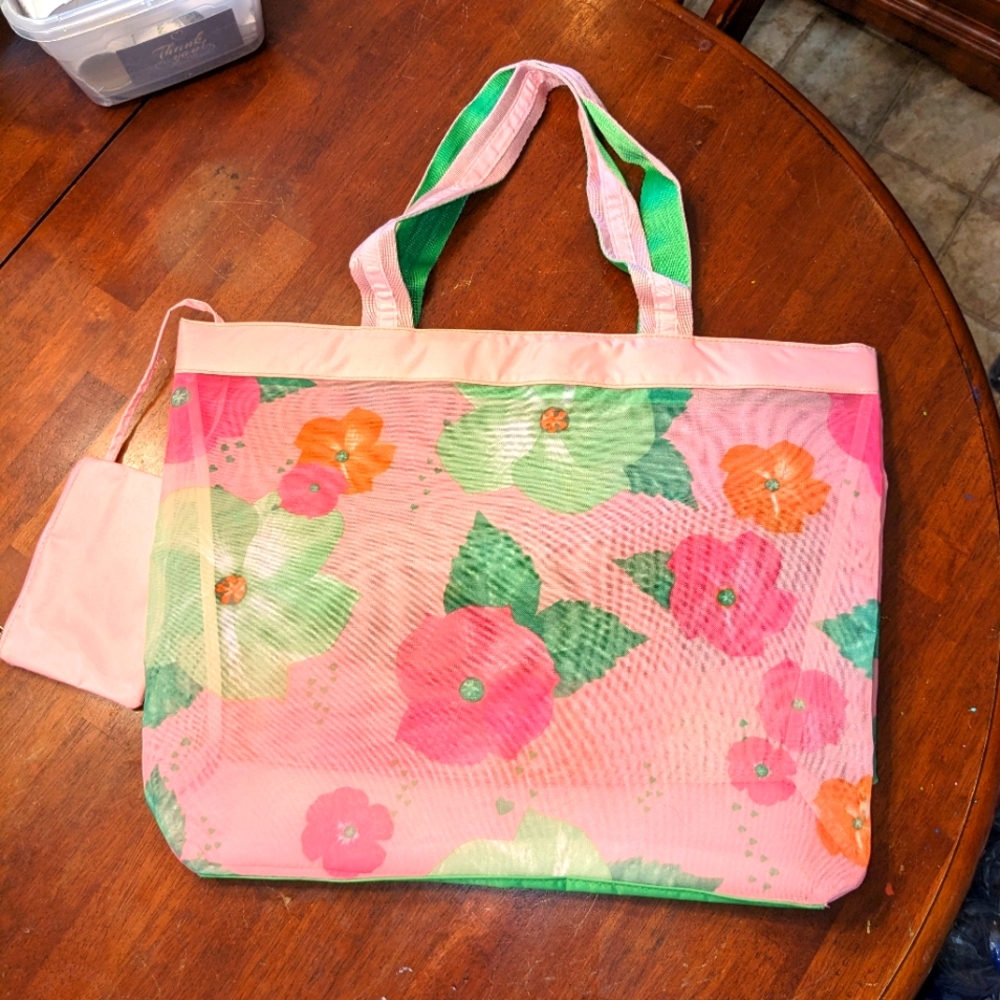 Beautiful floral see through Tote Bag Zips closed Money pouch included Pink